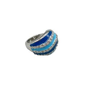 Vintage Blue Enamel Ring Size 4.5 Light & Dark Blue w Rhinestones Oceanic Ring